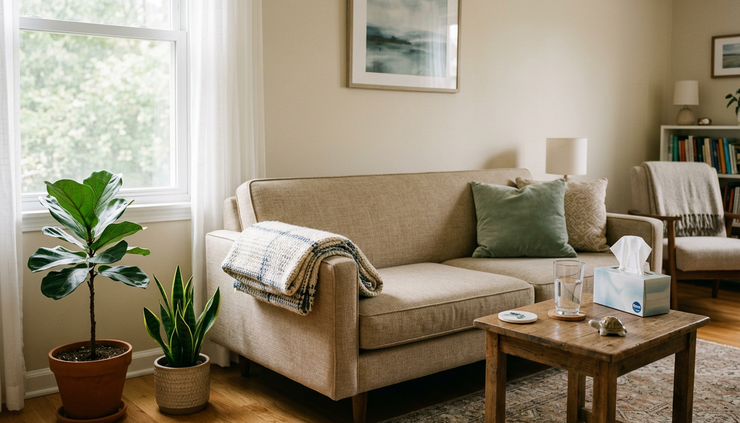 Eye-level view of a quiet therapy room with a couch, soft blanket, and potted plants