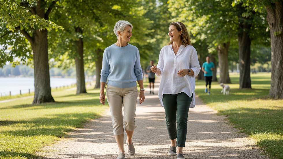 Eye-level view of two women walking together on a sunny outdoor path