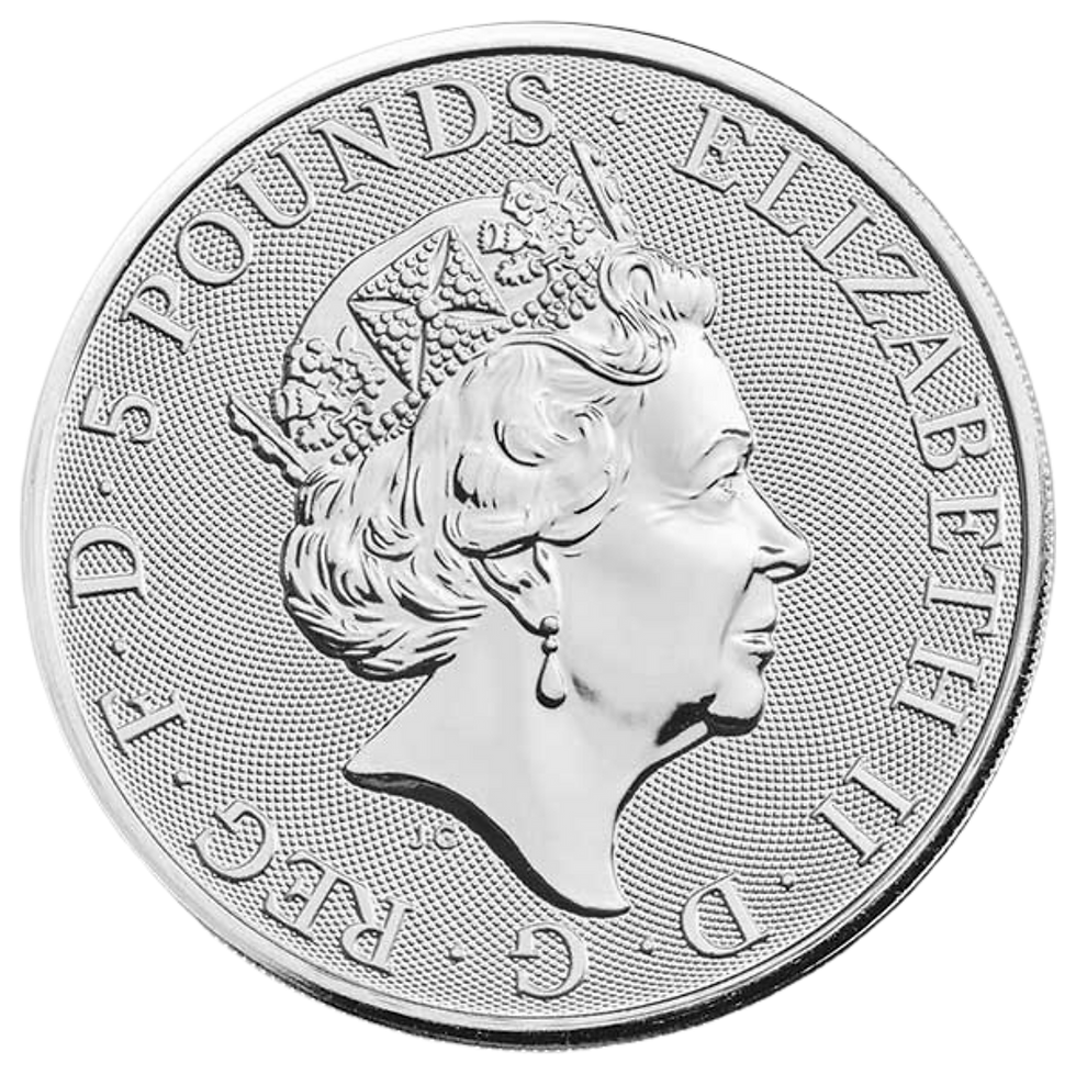 2021 Queen’s Beasts Silver Coin obverse with Queen Elizabeth II portrait and royal regalia