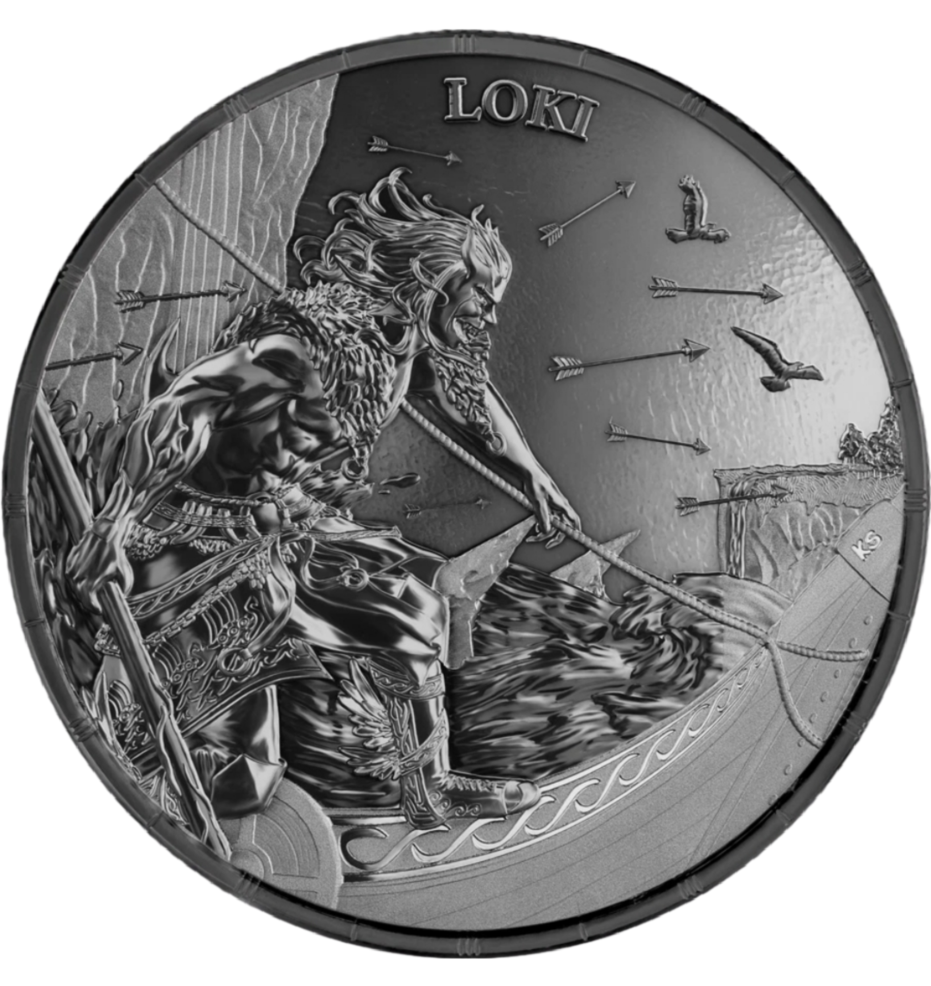 2026 Germania Ragnarök Loki 1 oz black silver BU round obverse design.