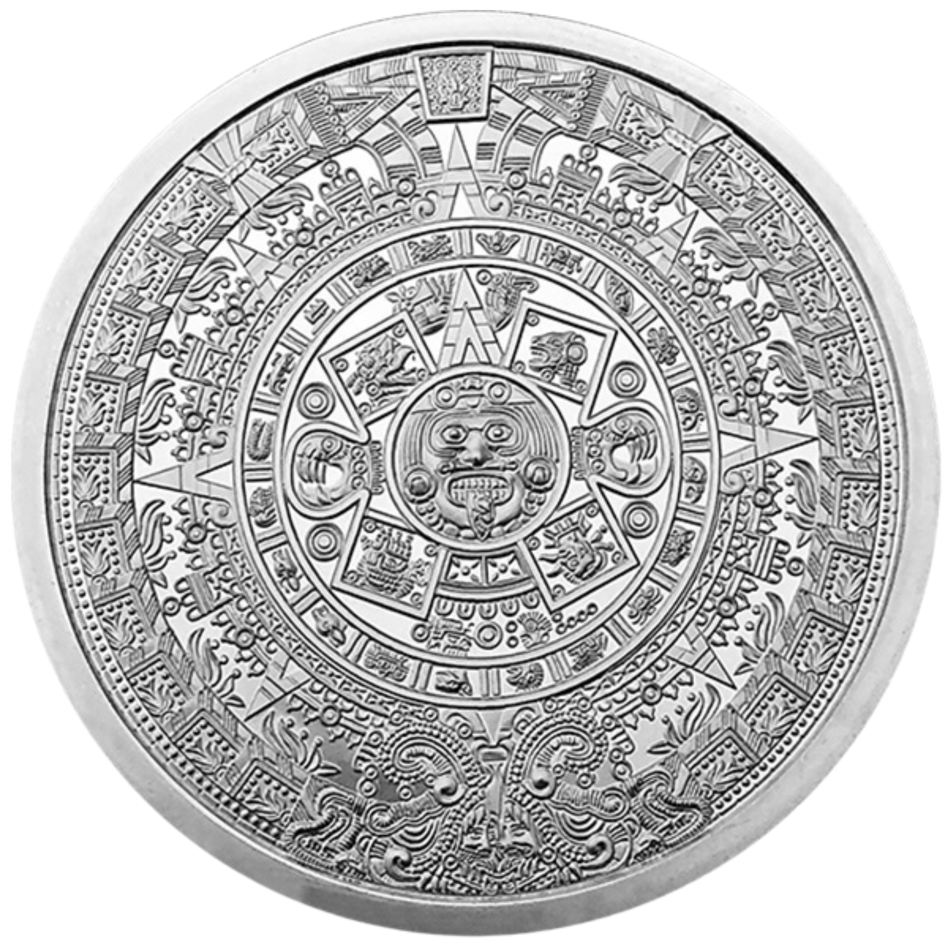 5 oz Aztec Calendar silver round obverse showing detailed Aztec Sun Stone design