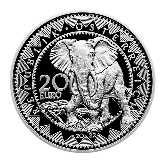Serenity of the Elephant silver coin featuring a bull African elephant surrounded by decorative African-inspired patterns.