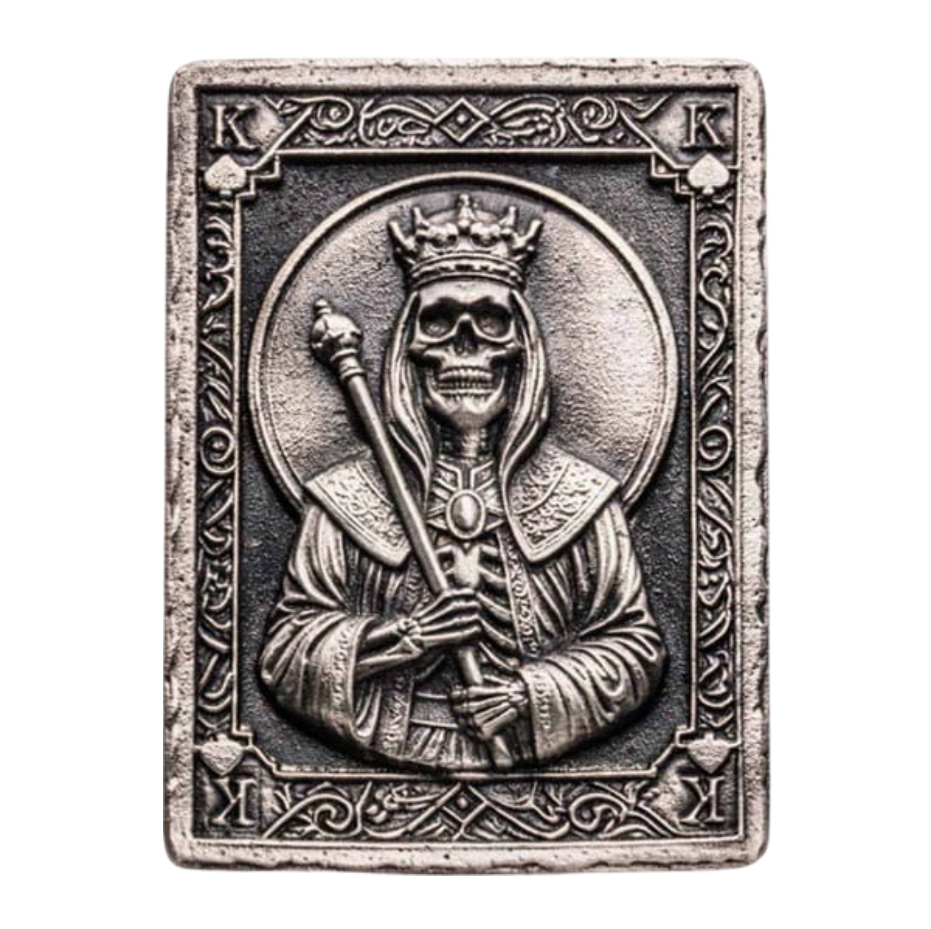 Dead Man's Deal 3 oz Pirate King Card hand poured silver bar obverse design.