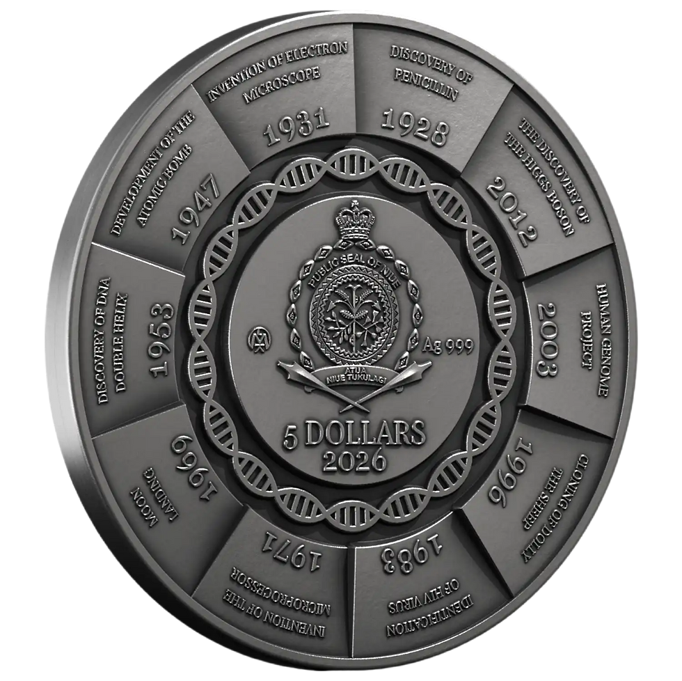 Thumbnail: Reverse of 2026 Niue 2 oz silver coin featuring detailed scientific breakthroughs including DNA structure and moon landing in