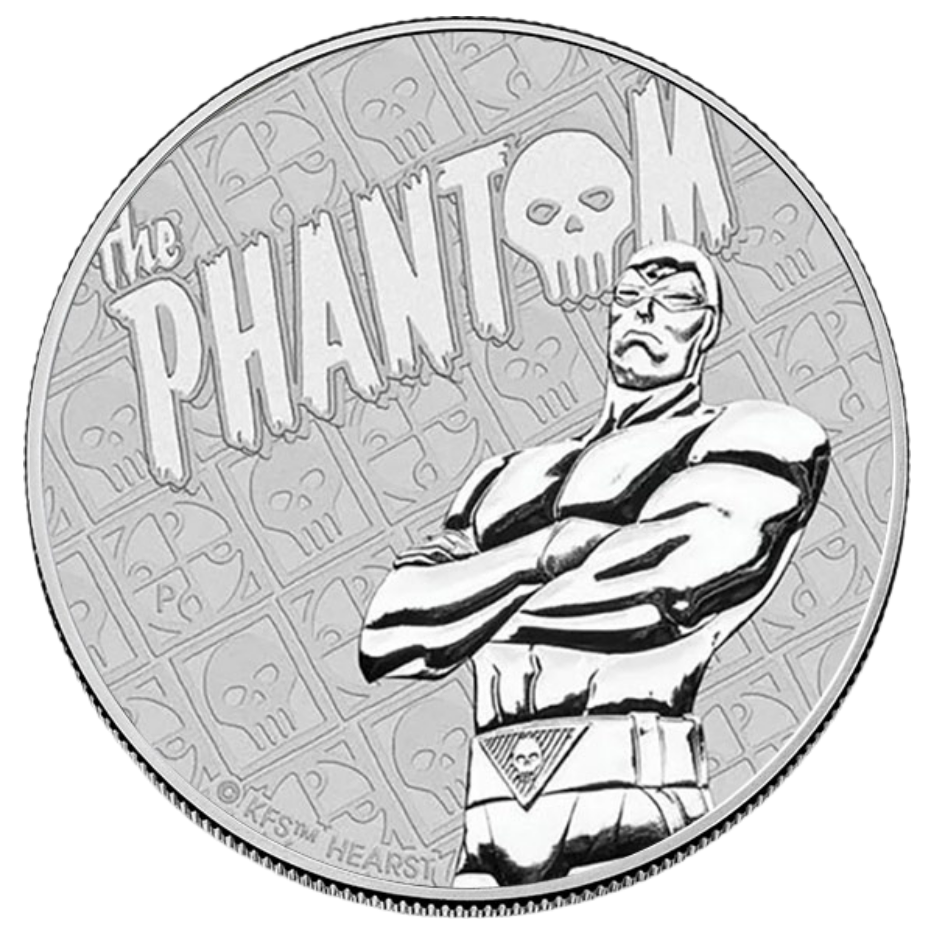 2022 Tuvalu The Phantom silver coin reverse showing the hero with crossed arms and comic style lettering.