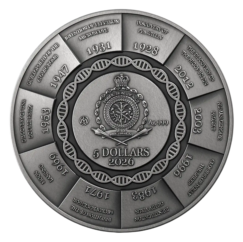 Thumbnail: Reverse of 2026 Niue 2 oz silver coin featuring detailed scientific breakthroughs including DNA structure and moon landing
