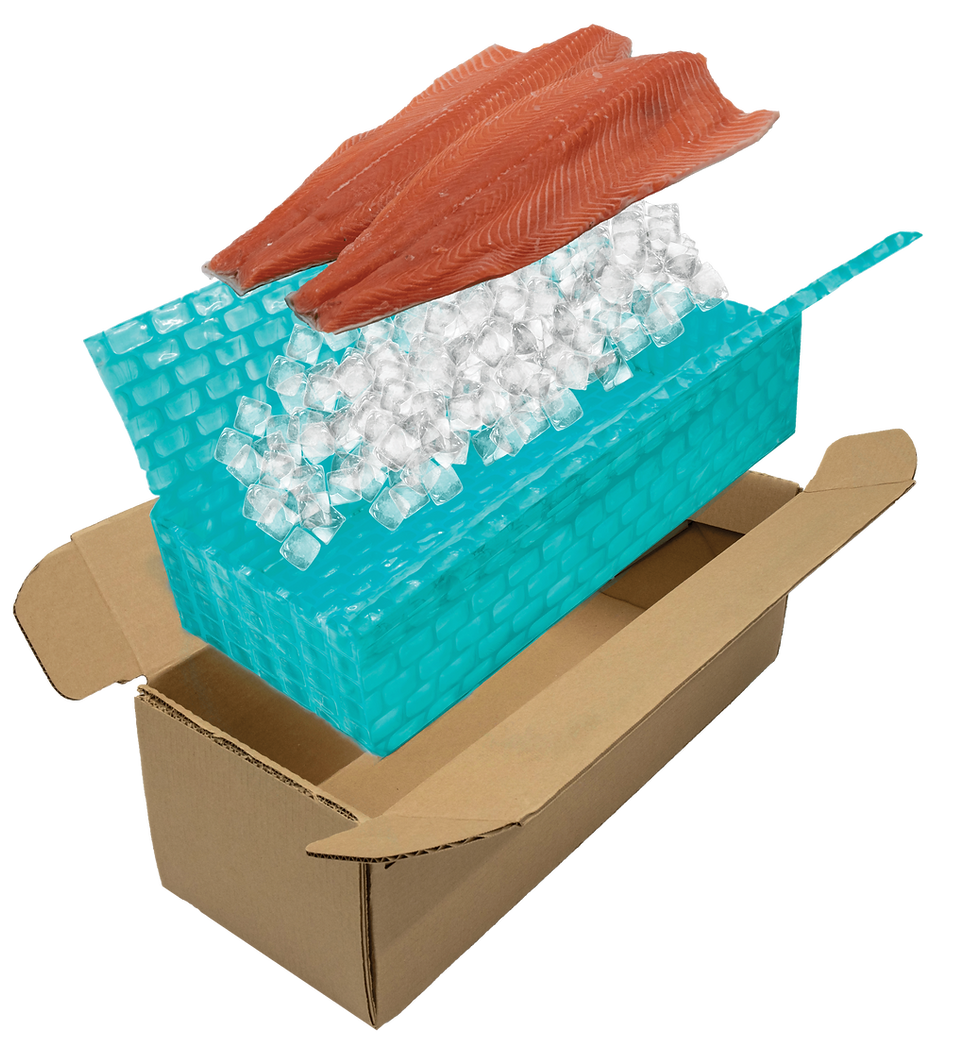Exploded view of Seawise packing system with a cardboard box, box liner, ice and fish fillet