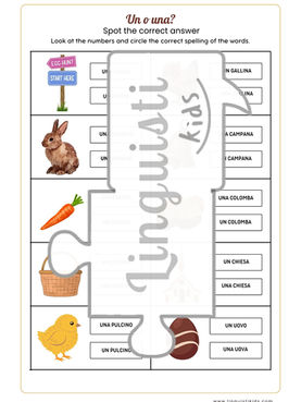 Printable Italian learning activity helping children practise gender (un/una) with Easter-themed vocabulary and illustrations.