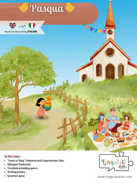 Illustrated cover of a children’s Italian language learning pack on “Pasqua in Italia” featuring a big Easter egg, a picnic scene and a church.
