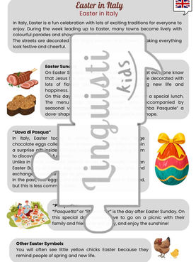 Educational poster in English for kids explaining Easter traditions in Italy with illustrations.