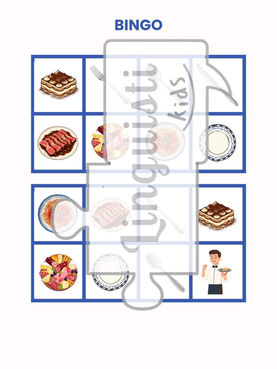 Educational Italian language bingo activity for children featuring illustrated food and restaurant items to practice vocabulary through play.