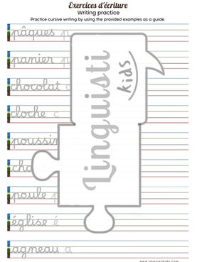 Printable French handwriting activity for children featuring Easter-themed vocabulary to practise cursive writing skills.
