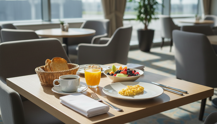 Eye-level view of a hotel breakfast table with coffee and fresh morning dishes.