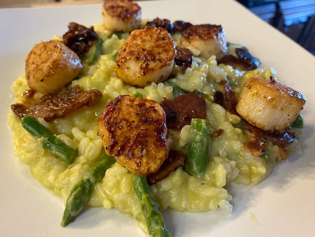OPERA EATS: Pan-Seared Scallops and Crispy Bacon with Parmesan Risotto and Sautéed Asparagus