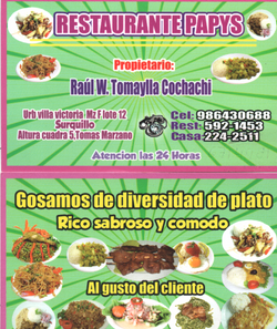 TARJETA DE PRESENTACION DE RESTAURANTE PAPYS FUNDADOR Y COLABORADOR PARA  EL COR