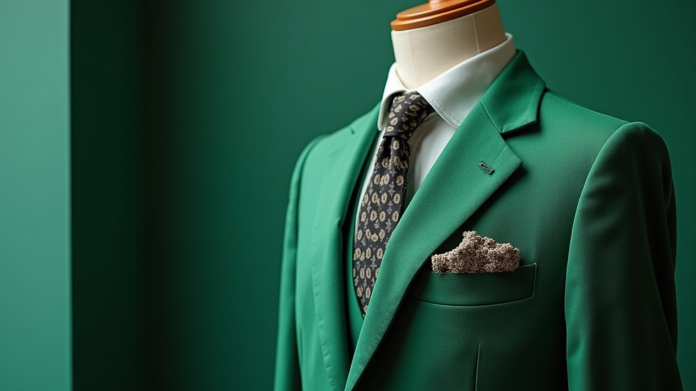 Close-up view of a green classic suit with modern details on a mannequin