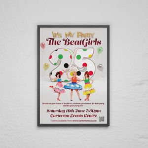 Poster design for the Beat Girls 25th Birthday performance with the title "It's My Party". Image depicts three of the Beat Girls in 1950s attire in front of a large stylised 25 dotted with coloured polka dots and party balloons on a pink background.
