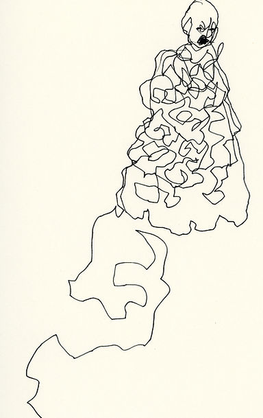 A pen and ink drawing depicting an expressive, minimalist figurative study exploring themes of clinical waiting and vulnerability.