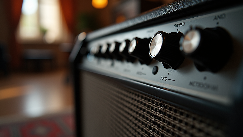 Eye-level view of guitar amplifier with knobs and settings