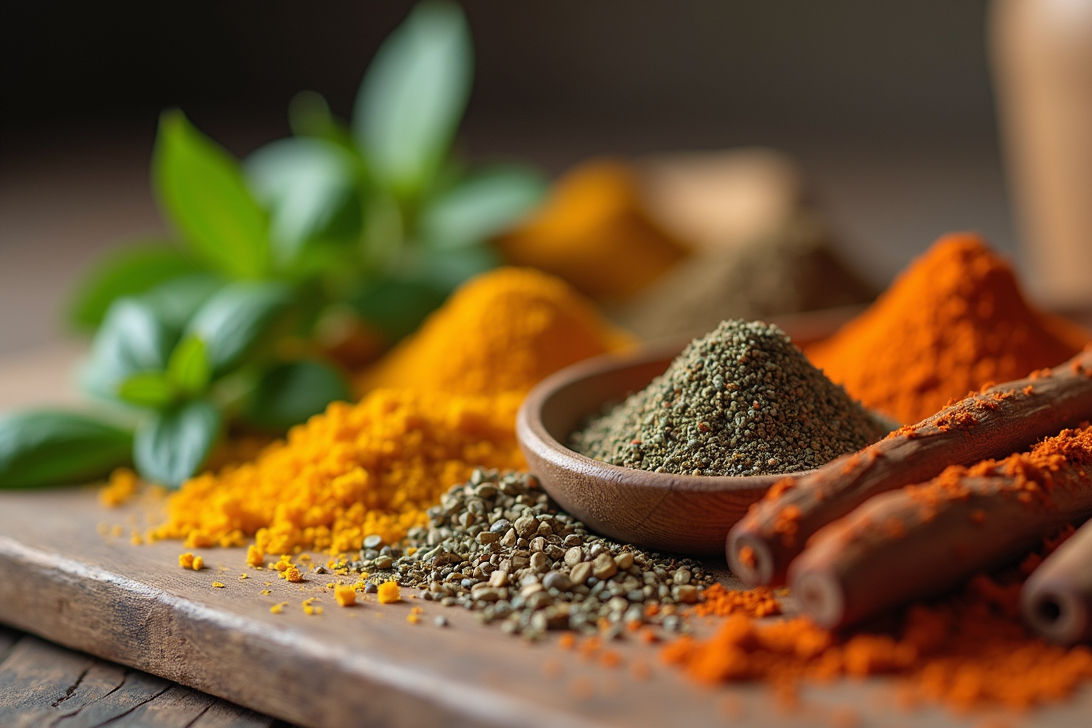 Colorful Ayurvedic spices arranged on a wooden board