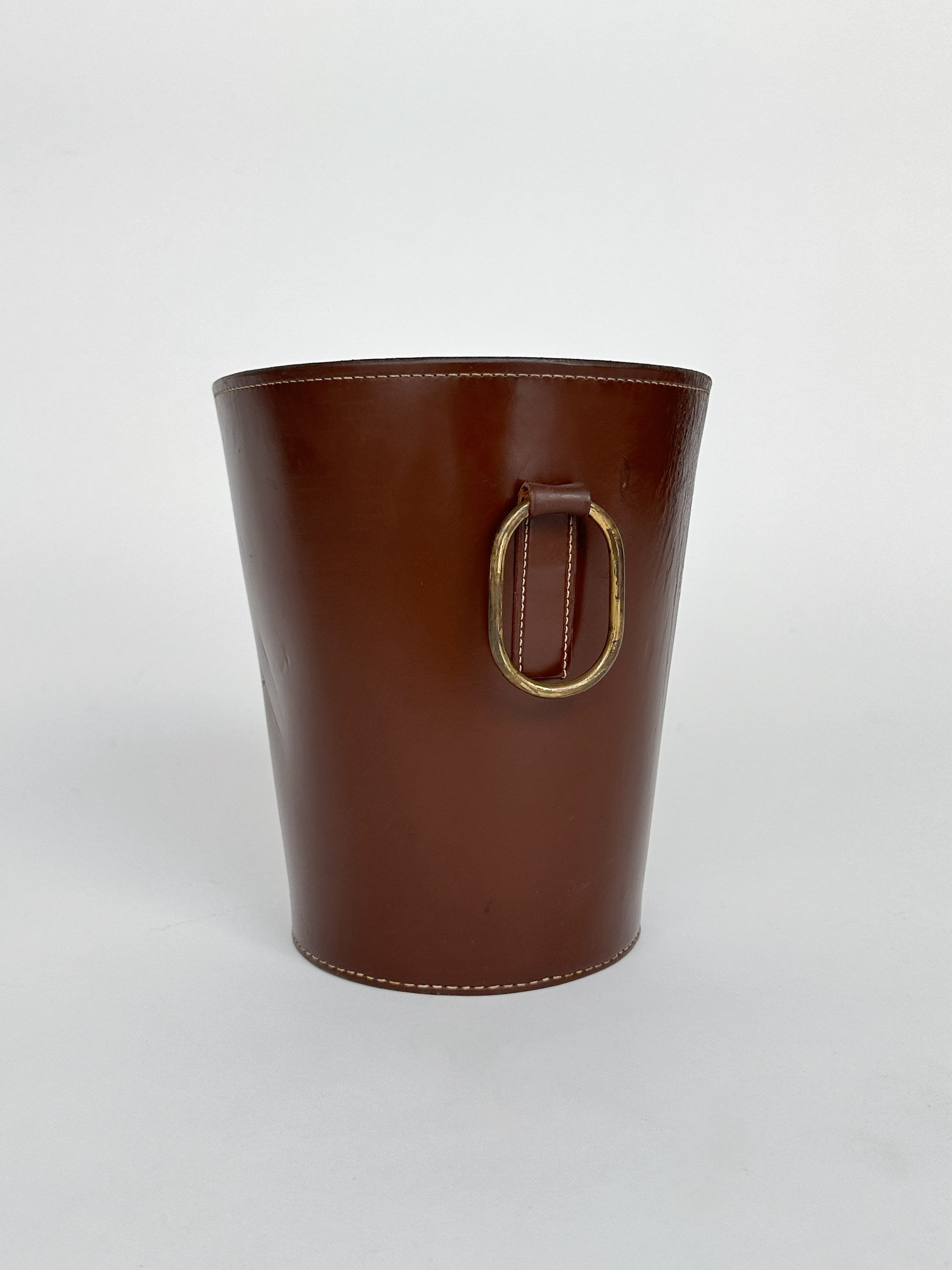 Illums Bolighus Paper Waste Basket Leather Brass Denmark 1950s