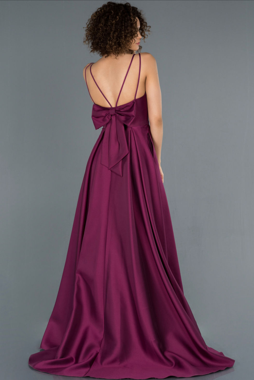 Thumbnail: Plum Spaghetti Strap Evening Dress with Bow Detail