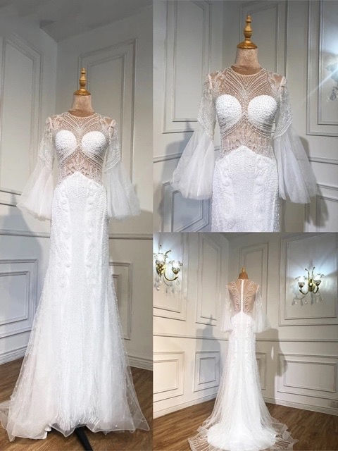 Thumbnail: Beaded mermaid dress with mesh sleeves 