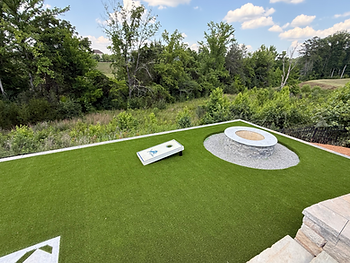 Troutman Animal Hospital green artificial turf field under a clear blue sky, surrounded by fence.