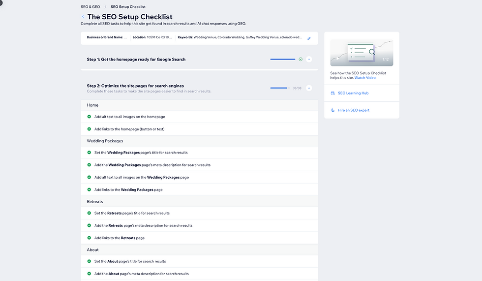 Wix SEO Setup Checklist dashboard showing task progress.