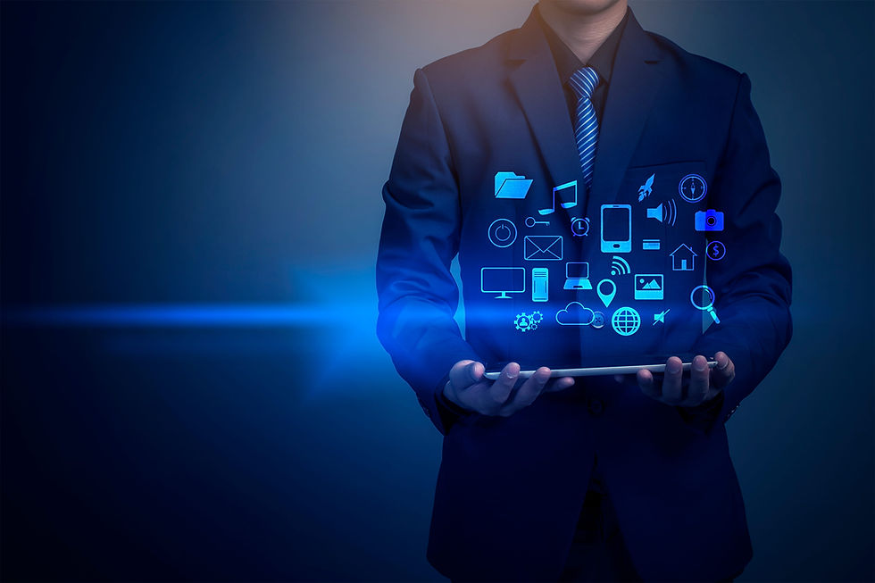 Professional holding tablet with digital service icons
