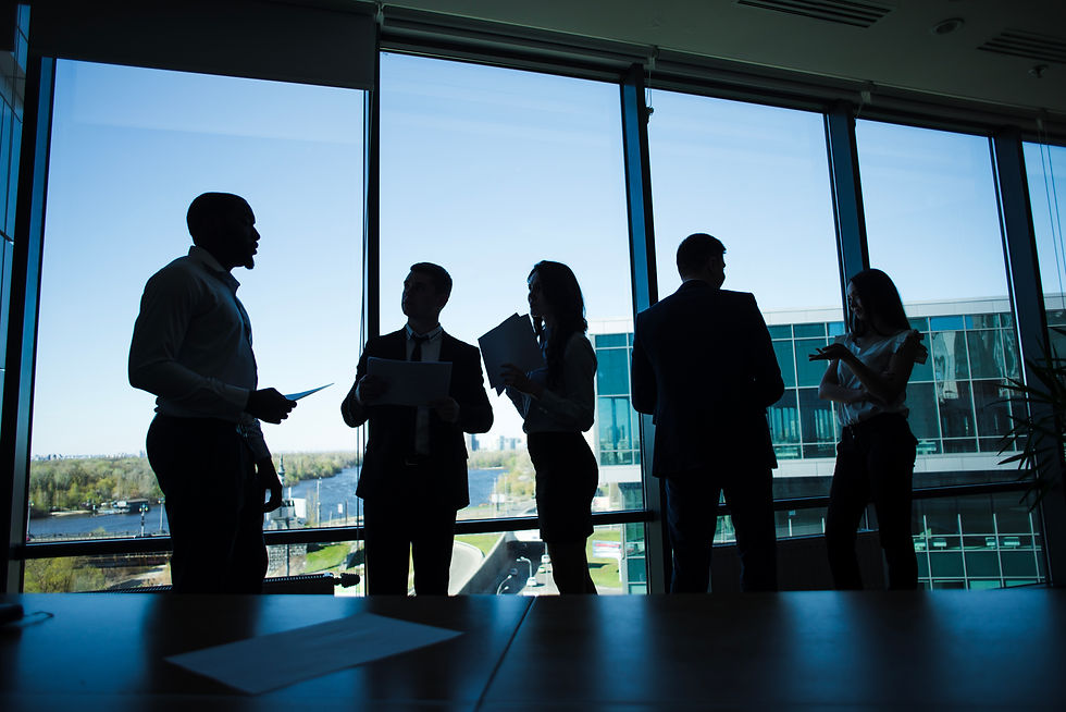 Silhouettes of professionals meeting in a high-rise office.
