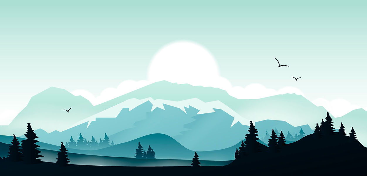 Mountains at sunset with birds flying, trees in the foreground, beautiful landscape.