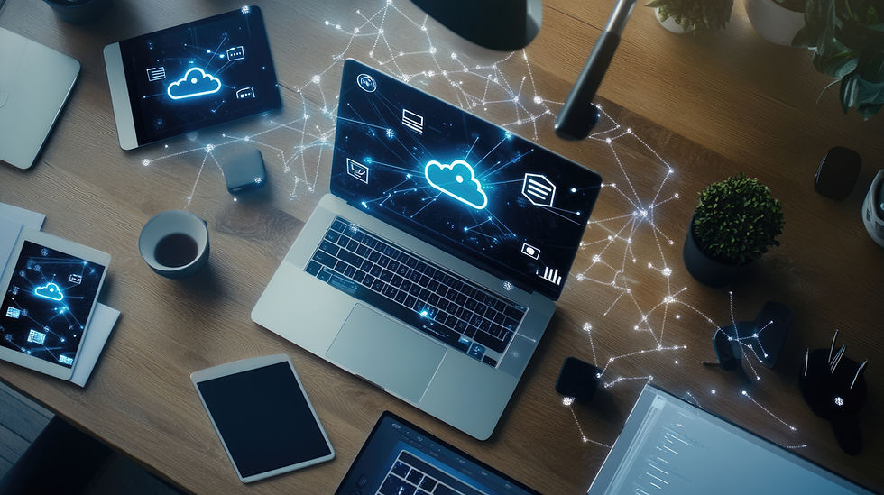 Laptop, tablets, and devices connected by cloud network
