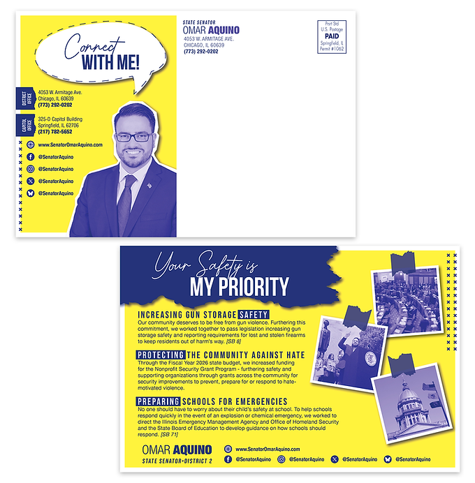 A color horizontal mail card. On one side, there is contact information for a state senator. On the other side, key legislative safety initiatives are featured.