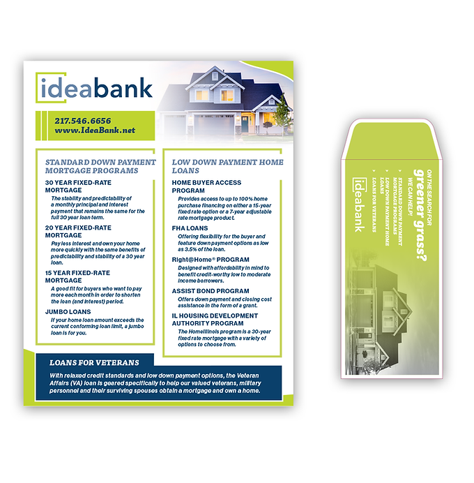 A one-page color document for Idea Bank that lists contact information, and details for various mortgage programs and loans. Next to the document is a similarly designed envelope sleeve used at banks.
