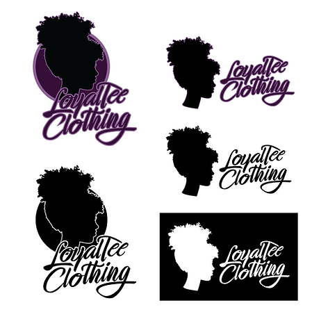 A logo for LoyalTee Clothing, which is shown in five variations. Each logo features a silhouette design of a side profile of a woman with textured hair in an updo, who is facing to the right. The first version is a stacked logo with the silhouette on top and LoyalTee Clothing on the bottom. This version is shown in full color and black. The second version is a horizontal logo with the silhouette on the left and LoyalTee Clothing on the right. This version is shown in full color, black, and white text on black.