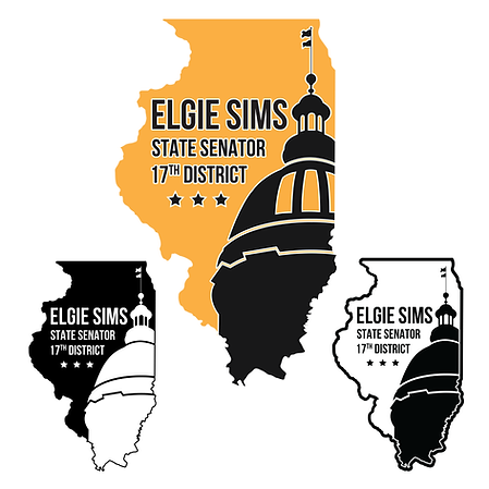 A logo built within the Illinois state outline. On the right side of the state is the Illinois Capitol dome. On the left is text that says Elgie Sims, State Senator, 17th District, with three stars underneath. The logo is shown in three variations: full color, black with white text, and white with black text.