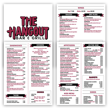 Several pages of The Hangout Bar and Grill’s menu designed in a similar style, with clean lettering and two columns for food and drinks.