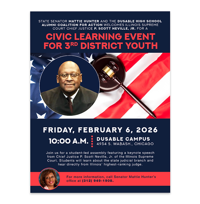 A one-page flyer for a civic learning event geared toward students, featuring an Illinois supreme court chief justice as the keynote speaker and hosted by a state senator and a local school group.
