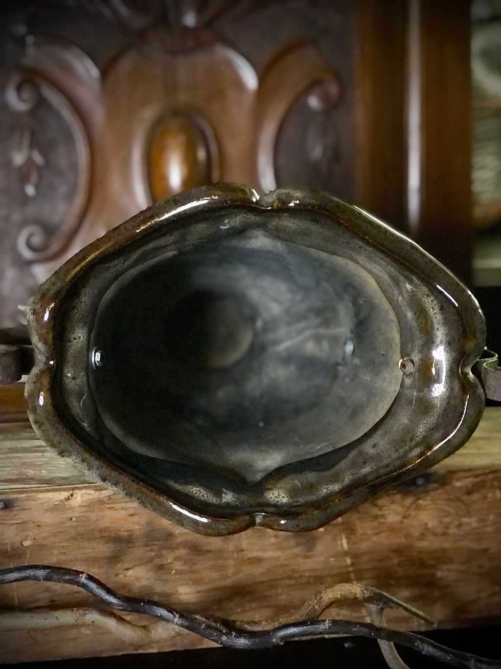 Thumbnail: ORNATE POTTERY VASE WITH IRON HANDLES