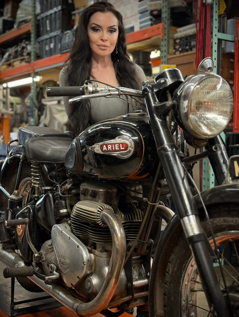 Shasta Smith - Managing Director of Vintage Monkey with a 1953 Ariel Square Four MK1