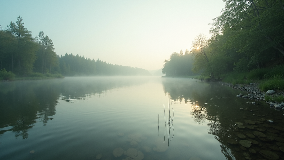 Eye-level view of a serene nature scene with a calm lake