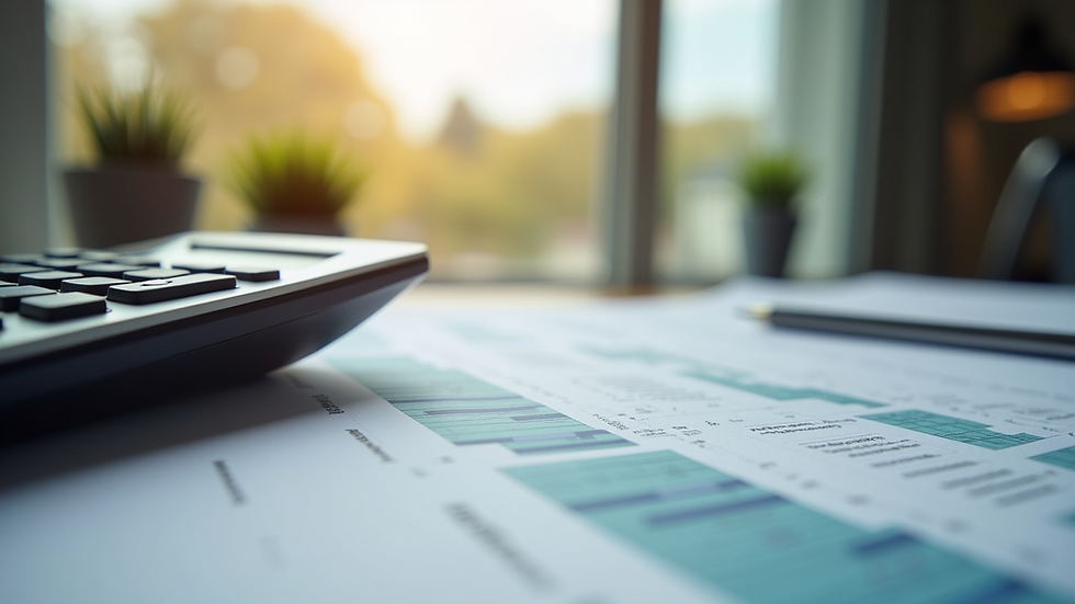 Eye-level view of a calculator and financial documents on a desk