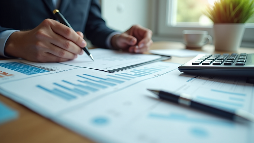 Close-up view of a financial report on a desk with calculator