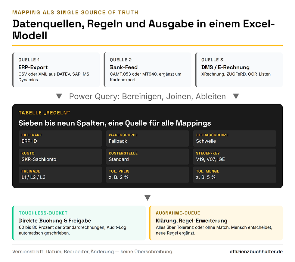 Architektur der Excel-Mapping-Tabelle als Single Source of Truth, gespeist aus ERP, Bank und DMS, mit Touchless- und Ausnahme-Bucket