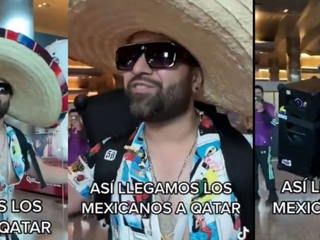 ¡Ya estamos en Qatar! Mexicano llega con bocina en los hombros y al son del mariachi