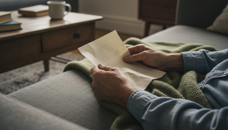 Close-up view of hands loosely holding a crumpled paper on a sofa