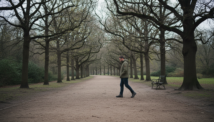 Wide-angle view of a person walking alone on a quiet tree-lined path