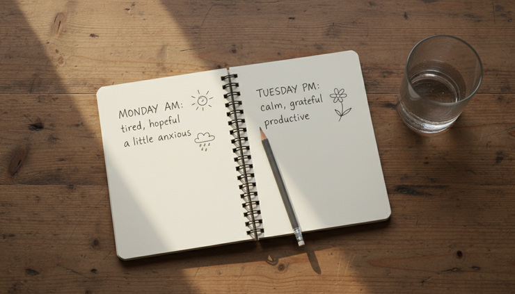 Overhead view of a notebook with simple mood notes beside a glass of water
