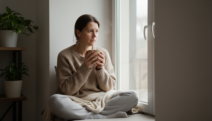 Eye-level view of a person sitting quietly by a window with a cup of tea